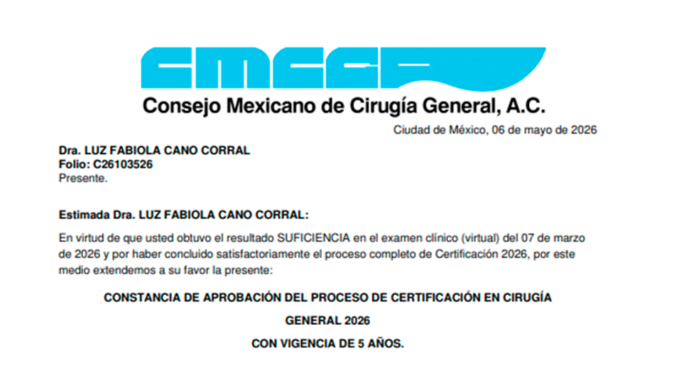 Certificado del Consejo Mexicano de Cirugía General